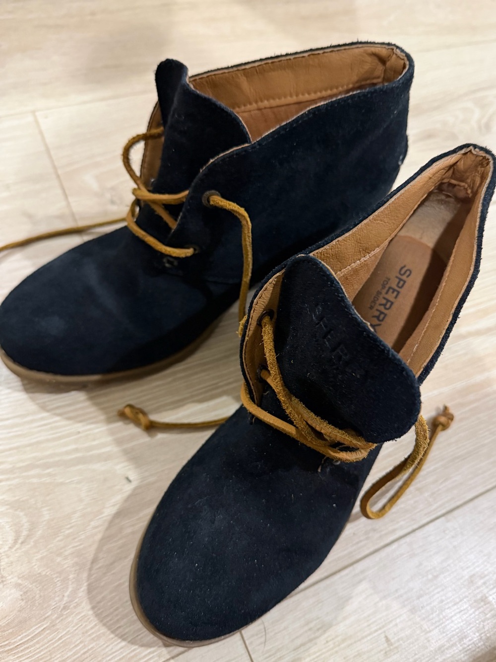 Sperry Black Suede Lace-Up Ankle Boots with Tan Laces